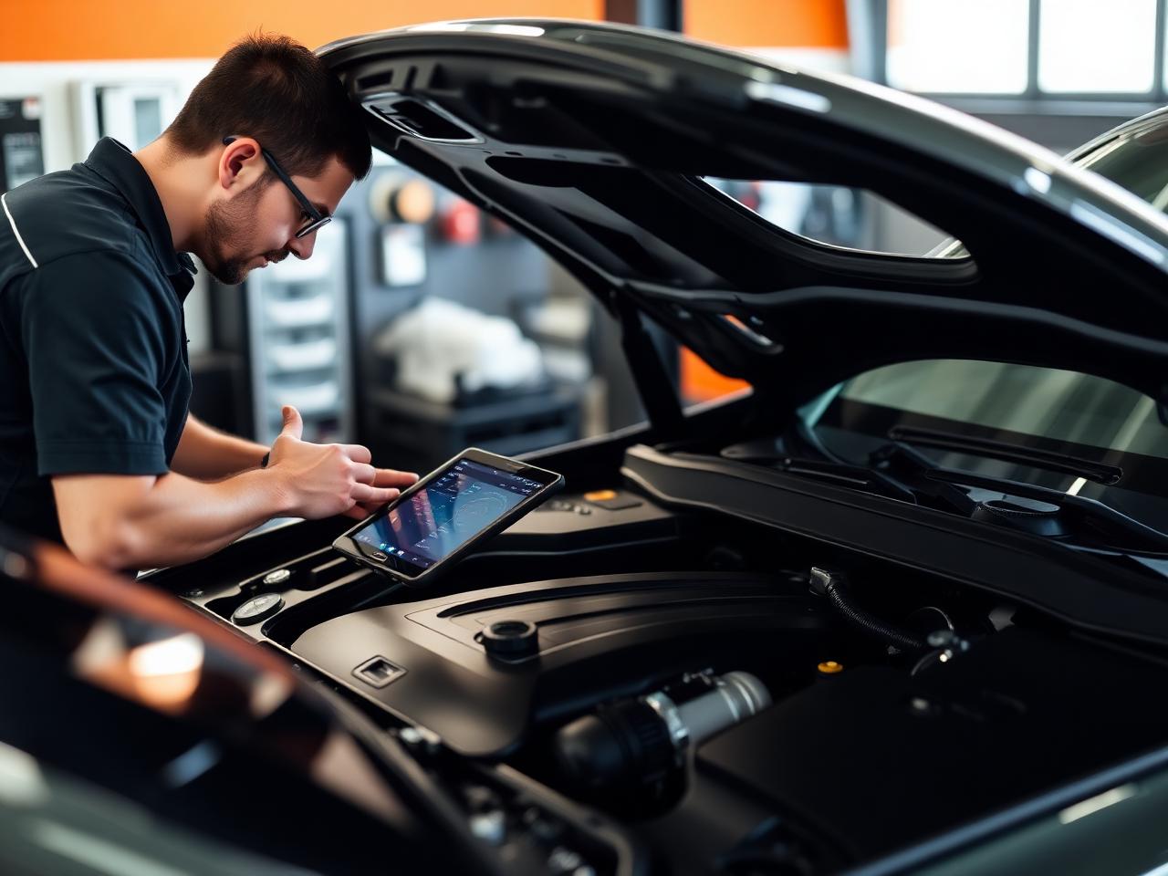 Mechanik ASO przeprowadza diagnostykę komputerową auta premium